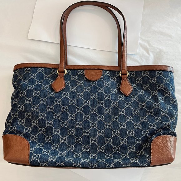 Gucci Ophidia GG Jacquard Denim Blue Brown Tote Bag Italy Leather Handbag New - Picture 12 of 15